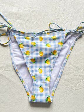 String bikini bottoms light blue gingham plaid lemon print XL swim Betty Jade